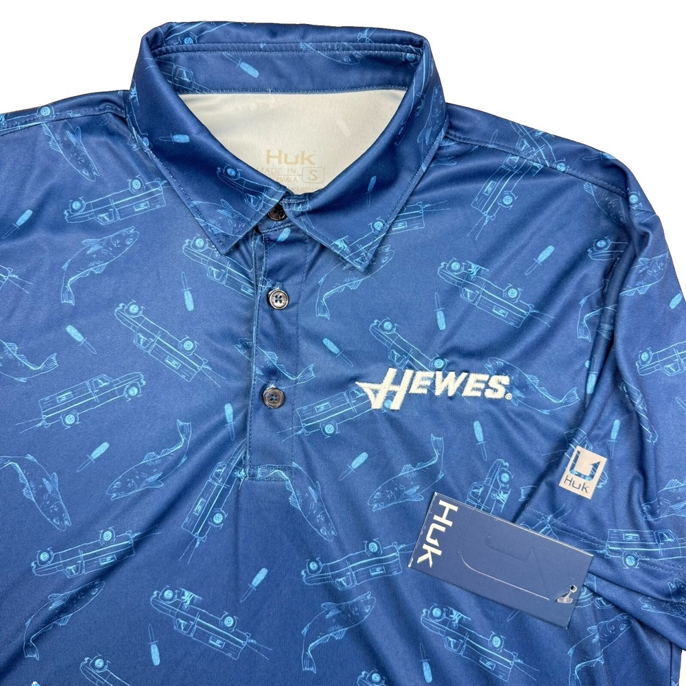 Huk Fishing Polo Hewes Boats Mens S NEW Blue Fish Wagon All Over Geometric Print